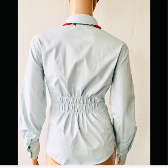💙 New York & Company Ruffle Front Blue Shirt L - Picture 2 of 7
